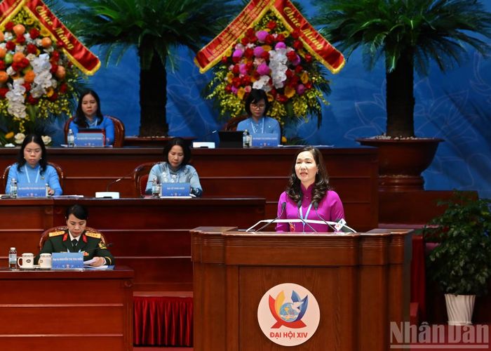 Trưởng Ban Tuyên giáo và Dân vận Tỉnh ủy Quảng Ninh Nguyễn Thị Hạnh trình bày tham luận tại Đại hội.