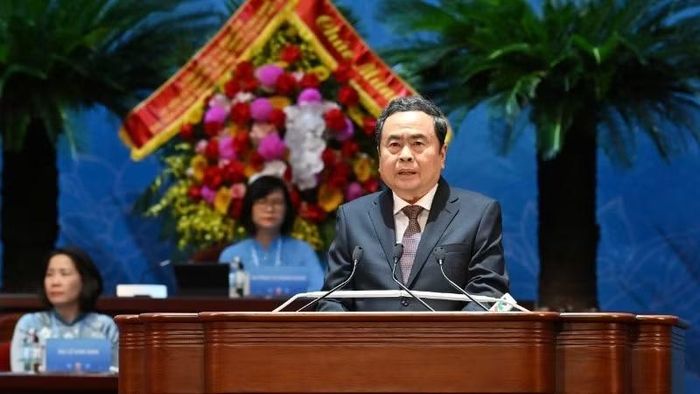 Chủ tịch Quốc hội Trần Thanh Mẫn phát biểu tại Đại hội. (Ảnh: THỦY NGUYÊN)