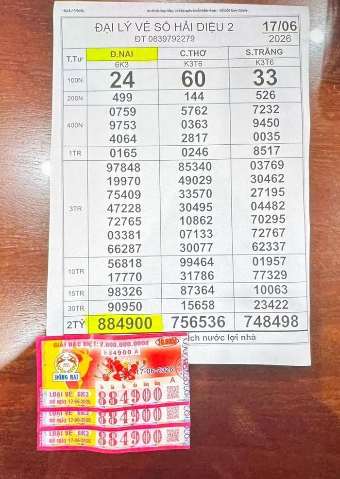 Giải độc đắc và giải an ủi của vé số Đồng Nai trúng tại Đồng Nai. Ảnh: ĐLVS Hải Diệu 2, Thần Tài Bảo Bình