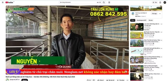 Ông T xuất hiện trong video giới thiệu, quảng bá mô hình nuôi lợn rừng Indonesia trên kênh Youtube: Nonglam.NET. Ảnh chụp màn hình.