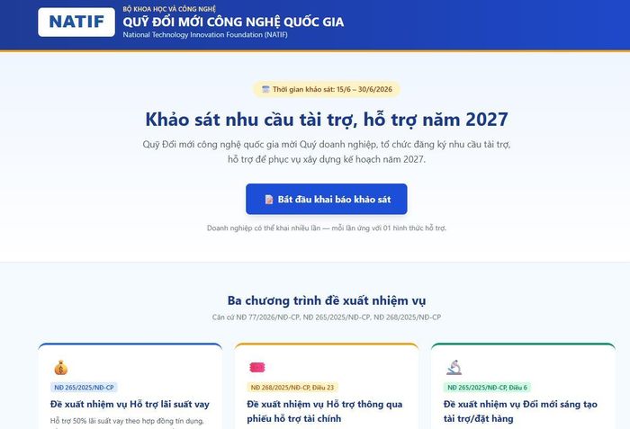 NATIF đang triển khai khảo sát nhu cầu của các tổ chức, doanh nghiệp từ 17/6/2026 đến 30/6/2026. Ảnh chụp màn hình