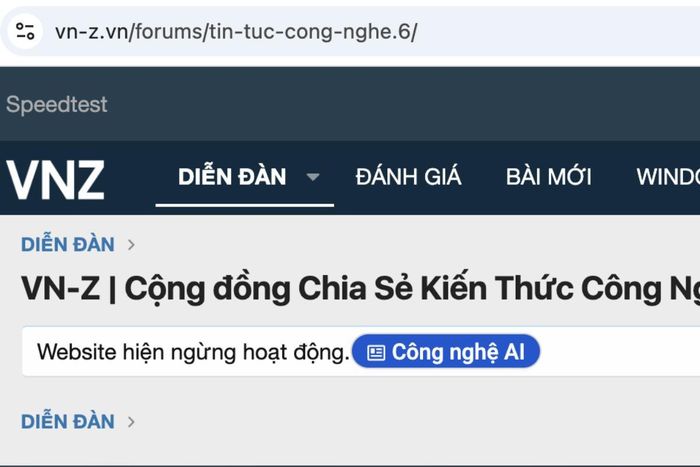 Thông báo “Website hiện ngừng hoạt động” được Vn-Z đưa ra. Ảnh chụp màn hình