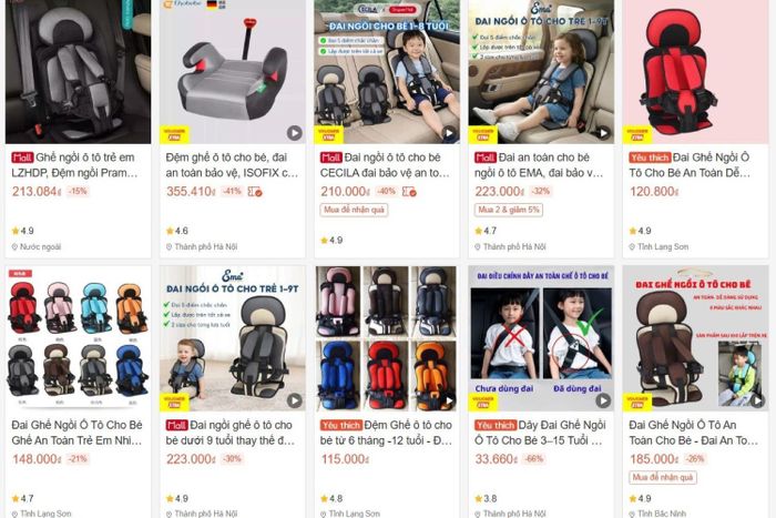 Các loại đai ghế ô tô giá rẻ được bán tràn lan trên các trang thương mai điện tử. Ảnh chụp màn hình
