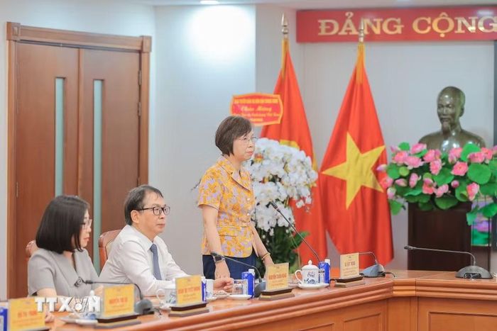Đồng chí Vũ Việt Trang, Ủy viên Ban Thường vụ Đảng ủy các cơ quan Đảng Trung ương, Phó Trưởng Ban Tuyên giáo và Dân vận Trung ương, Bí thư Đảng ủy, Tổng Giám đốc Thông tấn xã Việt Nam phát biểu tại buổi lễ. (Ảnh: Lê Đông/TTXVN)