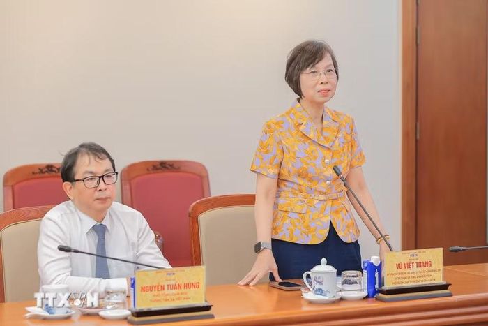 Đồng chí Vũ Việt Trang, Ủy viên Ban Thường vụ Đảng ủy các cơ quan Đảng Trung ương, Phó Trưởng Ban Tuyên giáo và Dân vận Trung ương, Bí thư Đảng ủy, Tổng Giám đốc Thông tấn xã Việt Nam phát biểu tại buổi lễ. (Ảnh: Lê Đông/TTXVN)