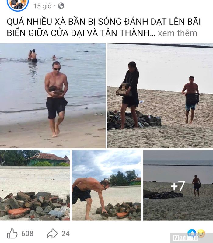 Du khách nước ngoài cùng người dân nhặt gạch, đá dạt vào bờ biển Hội An được được người dân đăng tải lên mạng xã hội.