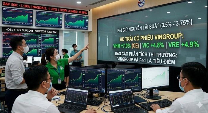 Fed giữ nguyên lãi suất, VN-Index bật tăng gần 19 điểm nhờ nhóm Vingroup. Ảnh: AI tạo
