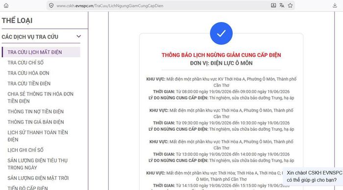 Lịch ngừng cấp điện tại Cần Thơ ngày mai 19/6 được cập nhật trên website của EVNSPC lúc 10h40 ngày 18/6. Ảnh: BNEWS phát