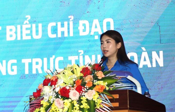Phó Chủ tịch Ủy ban MTTQ tỉnh, Bí thư Tỉnh đoàn Lê Ngọc Ánh phát biểu tại hội nghị.