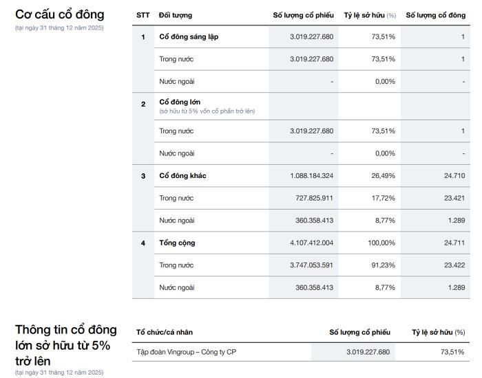 Cơ cấu cổ đông của Vinhomes. (Nguồn: BCTN năm 2025 của doanh nghiệp).