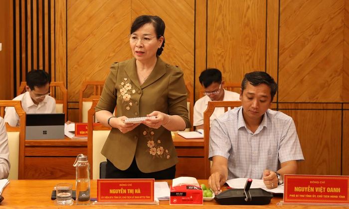 Đồng chí Nguyễn Thị Hà, Chủ tịch Ủy ban MTTQ tỉnh phát biểu.