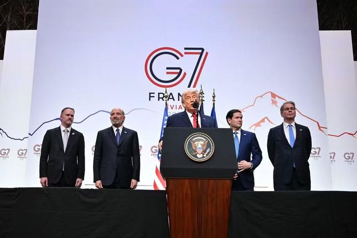 Tổng thống Mỹ Donald Trump phát biểu tại thượng đỉnh G7 ở Pháp ngày 17-6. Ảnh: AFP