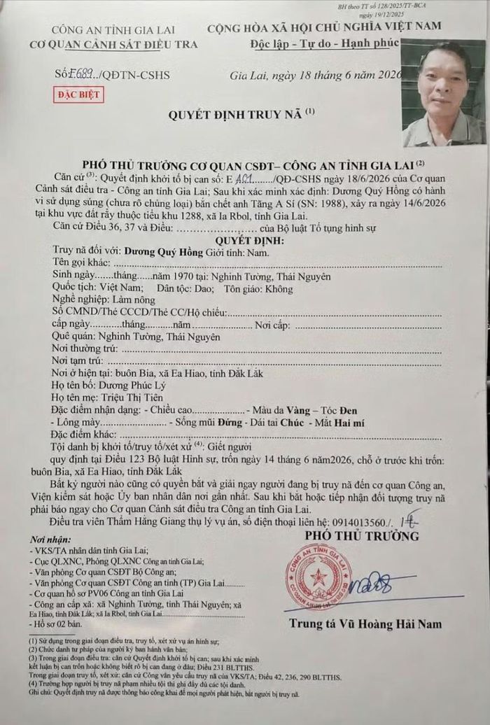  Lệnh truy nã của Cơ quan Cảnh sát điều tra Công an tỉnh Gia Lai. 