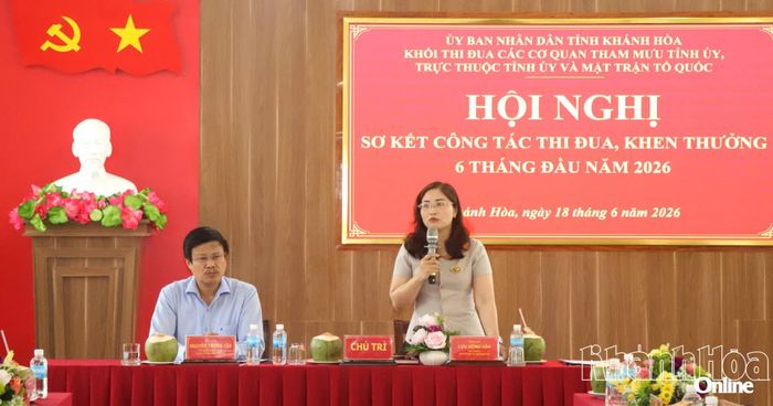 Bà Lưu Hồng Vân - Hiệu trưởng Trường Chính trị tỉnh phát biểu tại hội nghị.