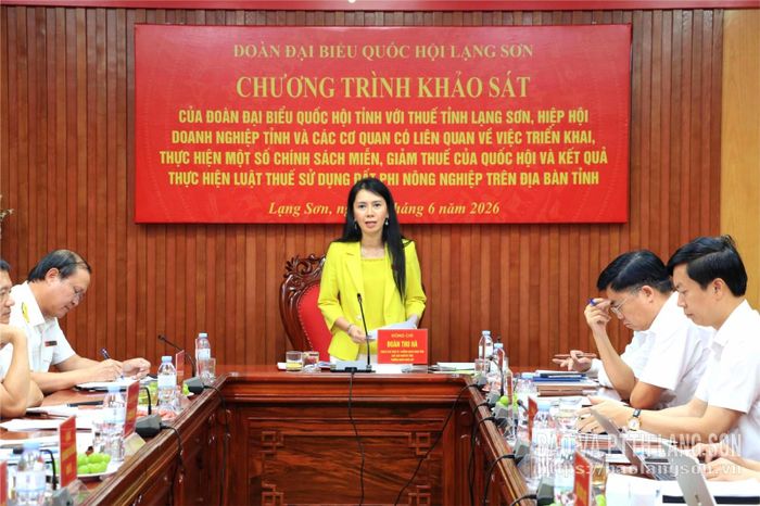 Đồng chí Đoàn Thu Hà, Phó Bí thư Tỉnh ủy, Ủy viên Ủy ban Kinh tế và Tài chính của Quốc hội, Trưởng Đoàn ĐBQH tỉnh, Chủ tịch Ủy ban MTTQ Việt Nam tỉnh phát biểu tại chương trình khảo sát