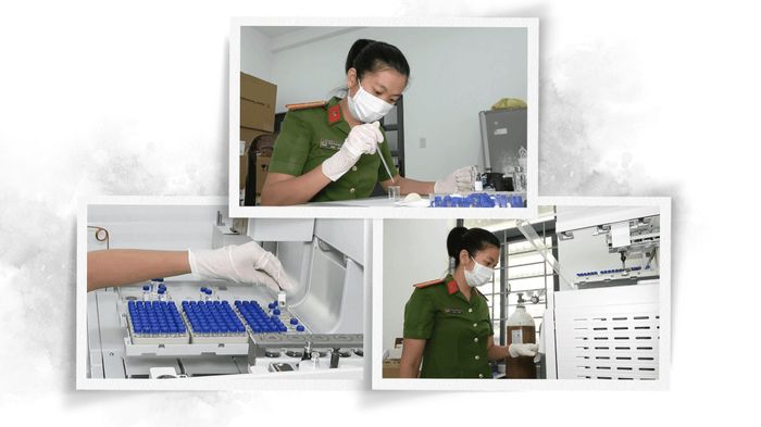 Các giám định viên giám định số tang vật thu được trong chiếc vali được bỏ lại nhà ông Thảo