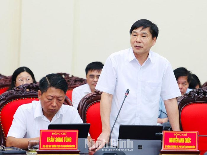 Đồng chí Nguyễn Anh Chức, Ủy viên Ban Thường vụ Tỉnh ủy, Phó Chủ tịch UBND tỉnh phát biểu tại hội nghị.