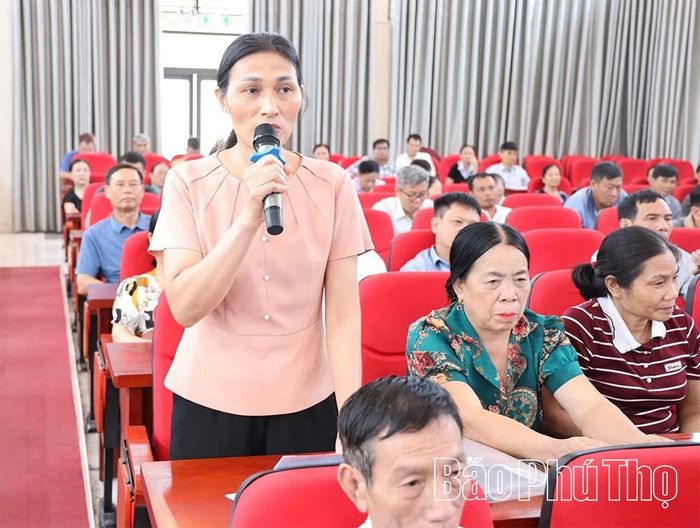 Cử tri phát biểu ý kiến, kiến nghị với đại biểu HĐND tỉnh tại hội nghị tiếp xúc cử tri.