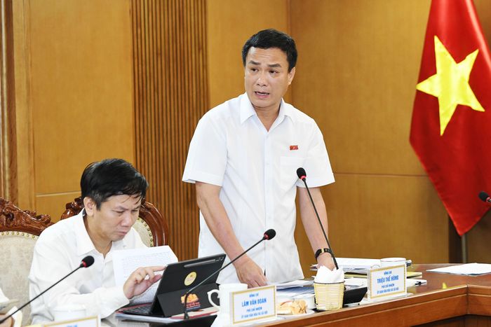 Phó Chủ nhiệm Ủy ban Văn hóa và Xã hội Triệu Thế Hùng trình bày báo cáo đánh giá bước đầu về tình hình thực hiện chính sách, pháp luật trong lĩnh vực giáo dục và đào tạo