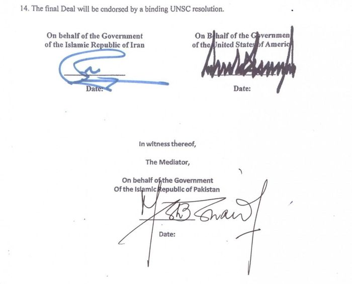 Chữ ký của Tổng thống Iran Masoud Pezeshkian, Tổng thống Mỹ Donald Trump và Thủ tướng Pakistan Shehbaz Sharif ở phần cuối văn bản. Ảnh: X/@drpezeshkian (Tài khoản X của Tổng thống Iran)