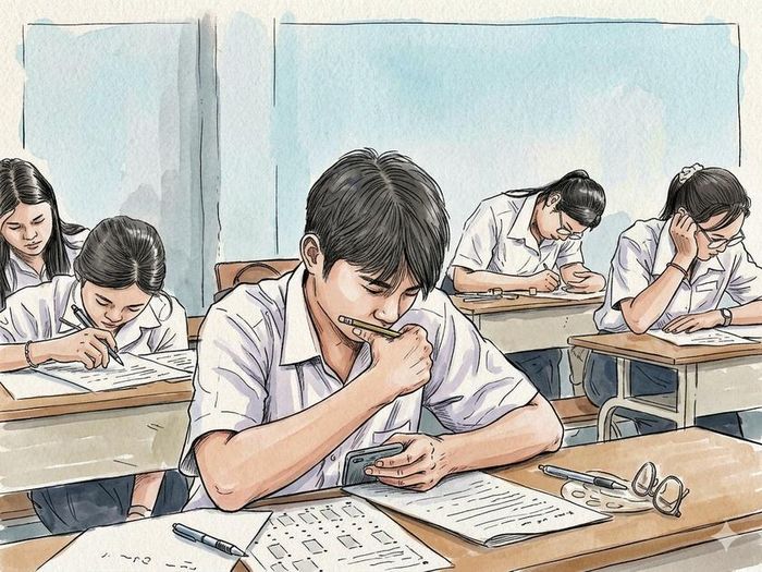 Theo quy chế thi, việc mang điện thoại vào phòng thi (dù chưa sử dụng) được coi là vi phạm nghiêm trọng và sẽ bị đình chỉ thi. Thí sinh sẽ bị điểm 0 môn đó, không được tiếp tục thi các môn sau và mất quyền xét tốt nghiệp. Ảnh minh họa AI