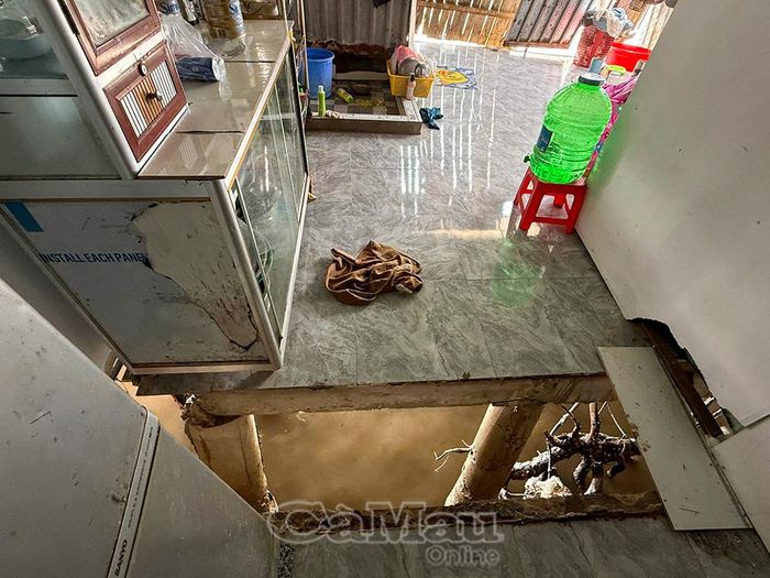 Hiện trường vụ sạt lở bờ sông Cửa Lớn tại Ấp 1, xã Năm Căn làm ảnh hưởng nhiều hộ dân sống ven sông.