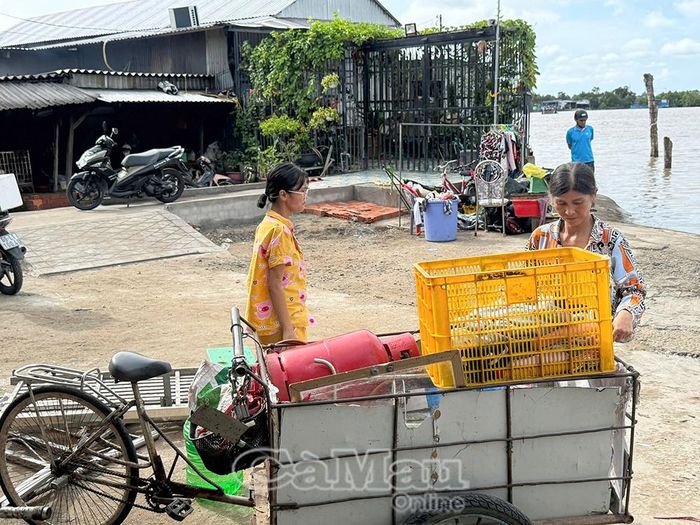 Chị Nguyễn Thị Hận, ngụ Ấp 1, xã Năm Căn, khẩn trương di dời tài sản đến nơi an toàn sau vụ sạt lở bờ sông xảy ra rạng sáng 18/6.
