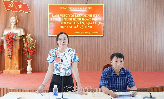 Bà Nguyễn Thị Thu Hằng, Phó Chủ tịch Liên minh Hợp tác xã tỉnh Cà Mau, ghi nhận những kết quả đạt được trong phát triển kinh tế tập thể, hợp tác xã của xã Đất Mũi.