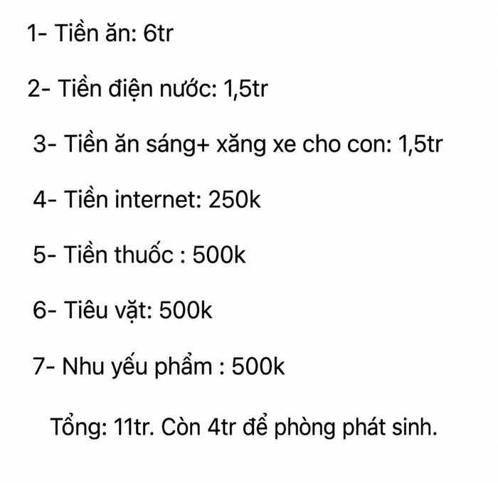Bảng chi tiêu hàng tháng của gia đình 3 người với tổng mức chi khoảng 11 triệu đồng. Ảnh minh họa