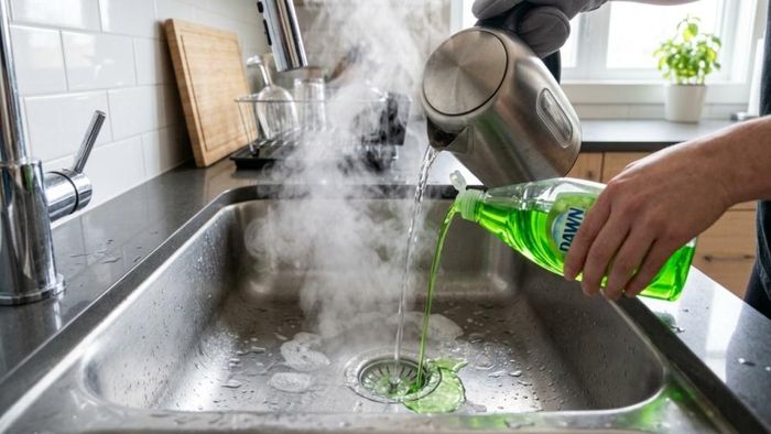 Nước rửa bát và nước nóng là mẹo thông tắc bồn rửa bát dễ thực hiện nhất. Ảnh: HTC