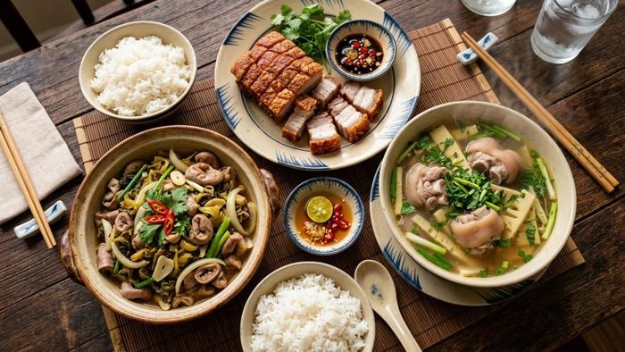 Món lòng heo xào dưa, thịt quay giòn bì, canh măng móng giò. Ảnh minh họa AI
