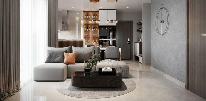 Sơn tường gam màu xám chủ đạo mang đến không gian chung cư sang trọng, tinh tế.