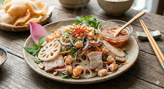 Gỏi củ sen tôm thịt giúp thanh nhiệt, kích thích tiêu hóa.