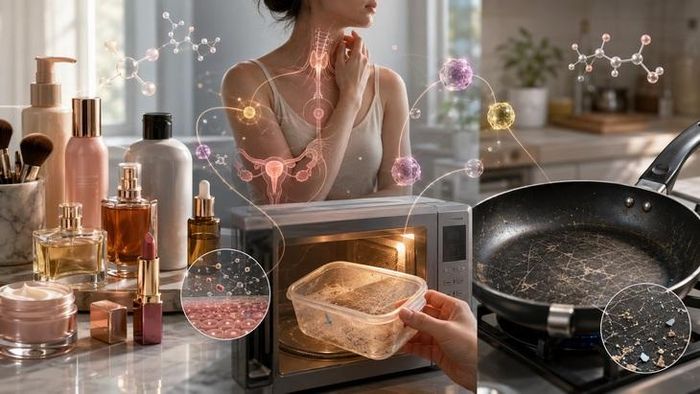 Mỹ phẩm, hộp nhựa hâm nóng và chảo chống dính trầy xước có thể là những nguồn phơi nhiễm hóa chất gây rối loạn nội tiết trong sinh hoạt hằng ngày.
