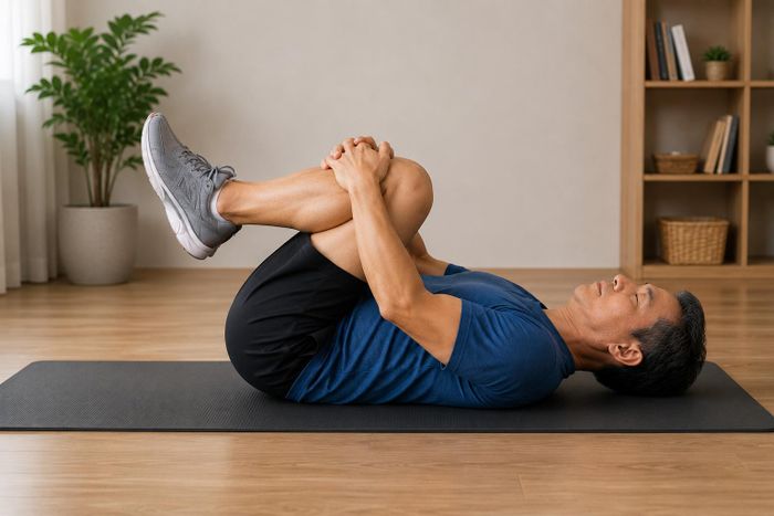 Động tác kéo gối về phía ngực giúp kéo giãn các cơ vùng thắt lưng, hông và mông.