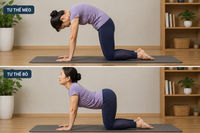 Tư thế mèo-bò giúp vận động toàn bộ cột sống từ cổ đến thắt lưng, cải thiện độ linh hoạt của các khớp đốt sống.