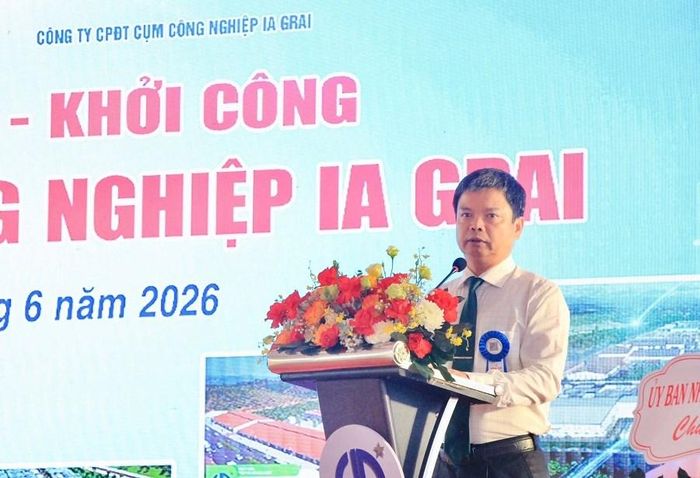Phó Chủ tịch UBND tỉnh Gia Lai Nguyễn Hữu Quế phát biểu tại buổi lễ khởi công Cụm công nghiệp Ia Grai