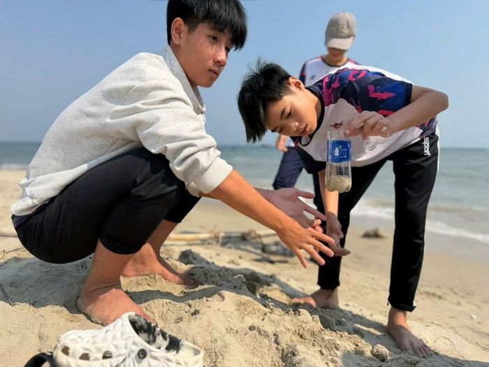 Các bạn học sinh tham gia hoạt động thu gom vi nhựa trên bãi biển. Ảnh:BQL