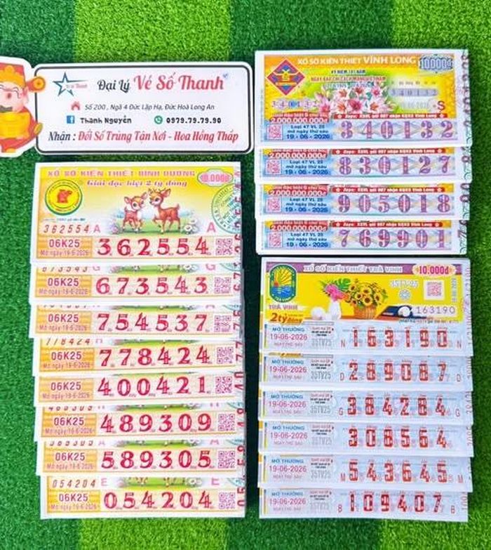Xổ số miền Nam ngày 19-6 sẽ mở thưởng đối với vé số của 3 đài là Vĩnh Long, Trà Vinh và Bình Dương. Ảnh: ĐLVS Thanh