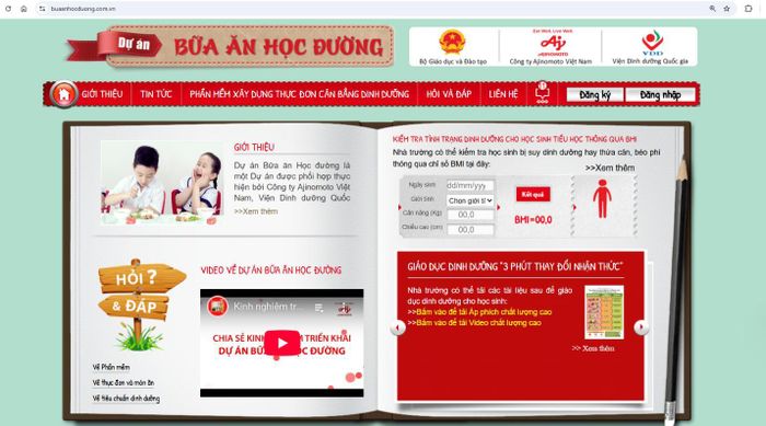 Phần mềm thực đơn của Dự án Bữa ăn học đường tại website www.buaanhocduong.com.vn