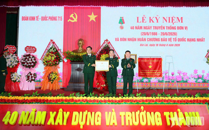 Đại tá Trần Ngọc Hải, Phó tư lệnh, Tham mưu trưởng Binh đoàn 15 trao bằng khen của UBND tỉnh Gia Lai tặng Đoàn Kinh tế - Quốc phòng 715.