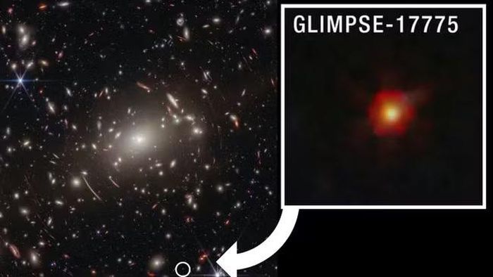 Cụm thiên hà Abell S1063 và chấm đỏ nhỏ có tên gọi GLIMPSE-17775. Ảnh: NASA, ESA, CSA, V. Kokorev (University of Texas at Austin), A. Pagan (STScI).