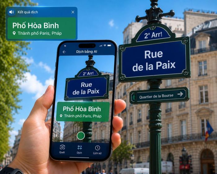 Sử dụng camera điện thoại để quét và dịch trực tiếp các văn bản trên biển báo giao thông tại nước ngoài. Đồ họa: Thái Bình