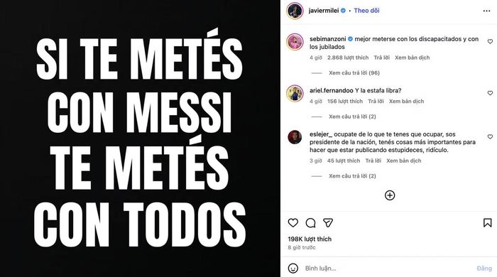 Bài đăng trên trang Instagram Tổng thống Argentina.