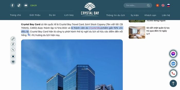 Công ty Cổ phần Thẻ du lịch Crystal Bay được giới thiệu là công ty thành viên do Crystal Bay chiếm gần 92% vốn điều lệ.