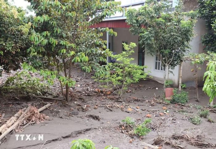 Lớp bùn đất dày phủ kín nền nhà của người dân sau mưa lớn. (Ảnh: Đức Thọ/TTXVN)