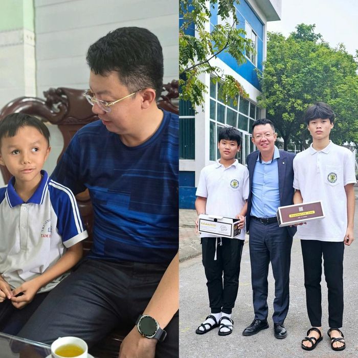 Những đứa trẻ được nối dài sự sống, ước mơ mà nhà báo Hoàng Trường Giang đã giúp đỡ. Bên phải là hai con trai của liệt sĩ, Thiếu tá Lò Văn Thép. Ảnh: NVCC