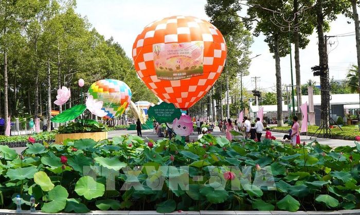 Không gian nghệ thuật con đường sen được bố trí trên đường Lý Thường Kiệt, phường Cao Lãnh, tỉnh Đồng Tháp. Ảnh: Nhựt An - TTXVN