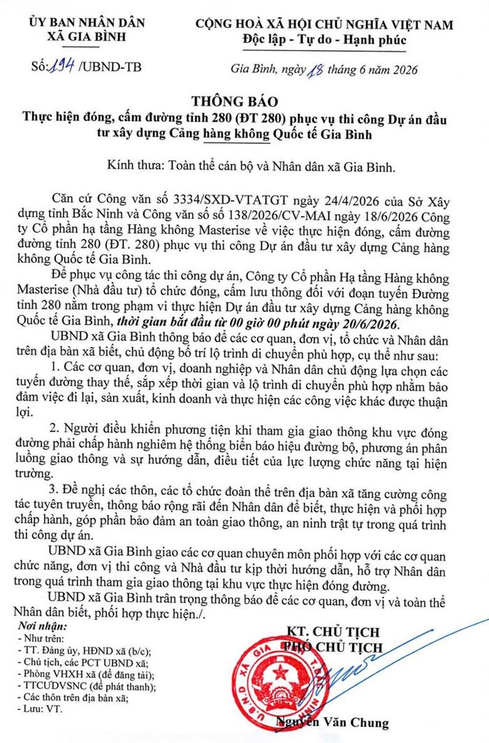  Thông báo của UBND xã Gia Bình về việc cấm đường, tạo mặt bằng thi công dự án sân bay. 
