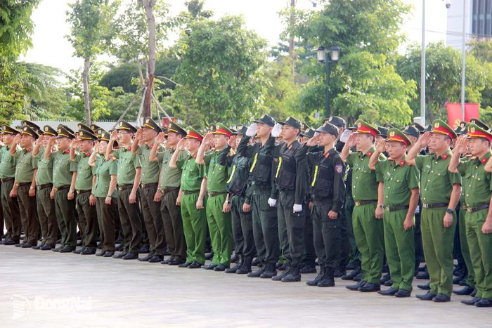 Các cán bộ, chiến sĩ thực hiện nghi thức chào cờ tại buổi lễ ra quân. Ảnh: Trần Danh